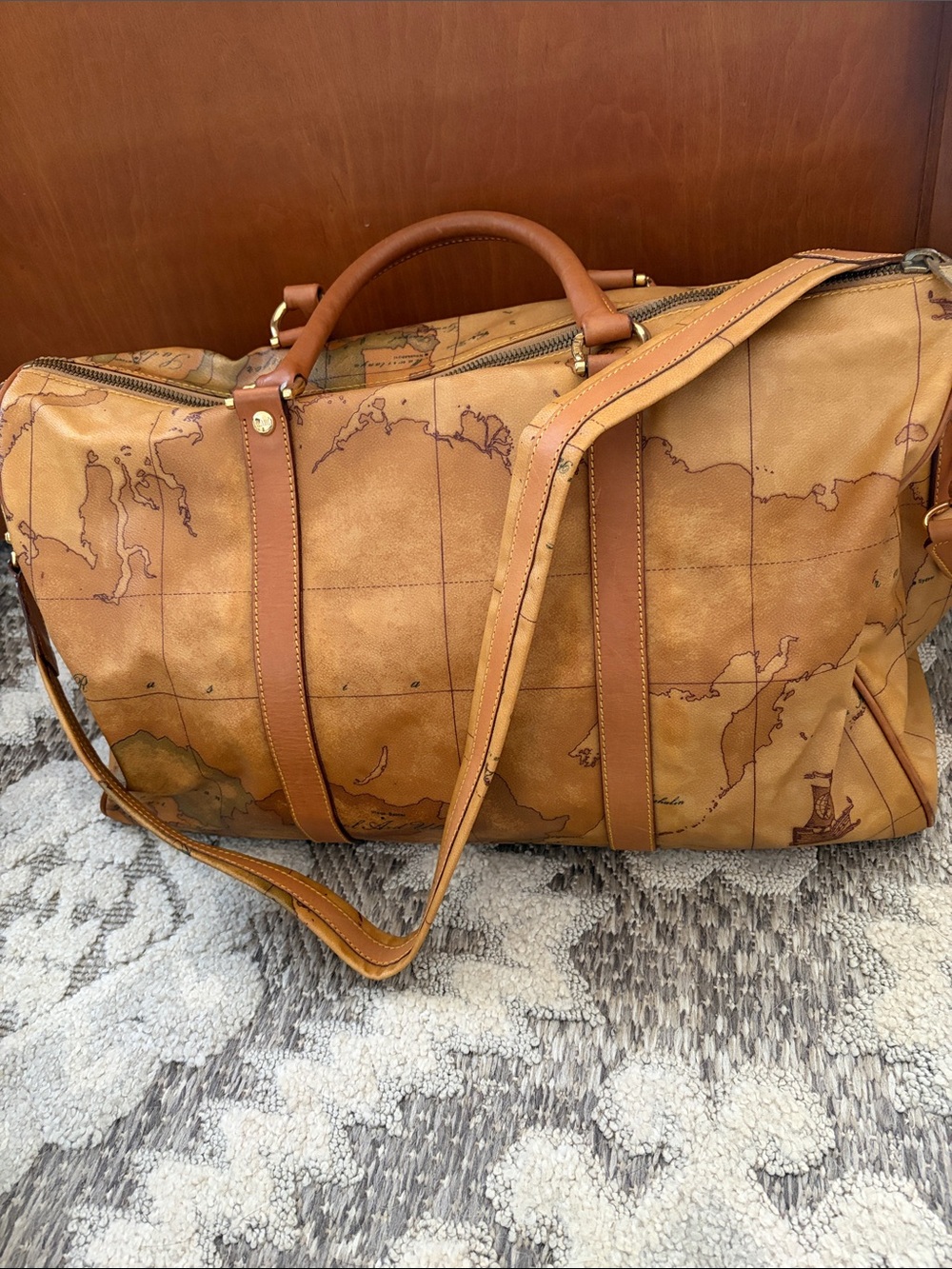Alviero Martini Map-Print Travel Weekender in Tan and Brown